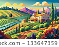 Serene Rural Scene with Vineyards and Cypress Trees in Tuscany 133647359