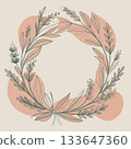 Minimalist botanical wreath with leaves and branches in peach tones 133647360