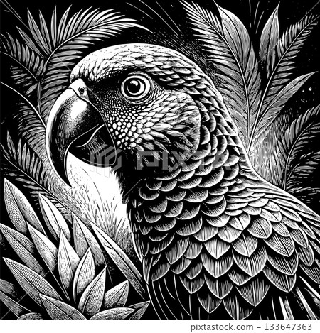 Artistic Black and White Parrot Sketch with High Contrast Detailing 133647363