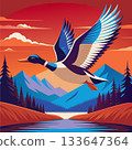 Vibrant Illustration of Duck in Flight Over Peaceful Mountains and Trees 133647364