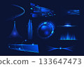 Bright blue digital fiber lines on dark technology poster illustration 133647473