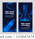 Vertical glowing blue lines with curved digital trails poster illustration 133647474