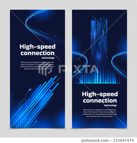 Vertical glowing blue lines with curved digital trails poster illustration 133647474