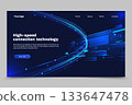 Technology landing page with curved glowing digital lines on dark background illustration 133647478