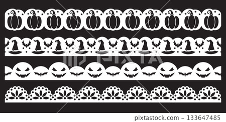 Hand drawn lace scalloped paper punch border halloween theme with pumpkins, witch hats and bats 133647485