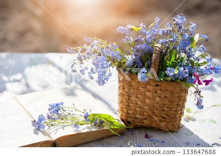 Bright blue forget-me-not flowers in a basket next to an open book on a sunny day at a garden table. 133647688