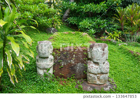 Ancient tikis guarding the queen's tomb in Puamau, Hiva Oa, Marquesas Islands, French Polynesia Ancient tikis guarding the queen's tomb in Puamau, Hiva Oa, Marquesas Islands, French Polynesia 133647853