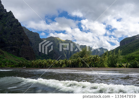 Remote beach in Hakaui Bay, Nuku Hiva, Marquesas Islands, French Polynesia 133647859