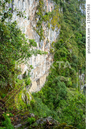 Inca Bridge - Puente Inca - on the Machu Picchu site, a hidden pathway in Peru Inca Bridge - Puente Inca - on the Machu Picchu site, a hidden pathway in Peru 133647868