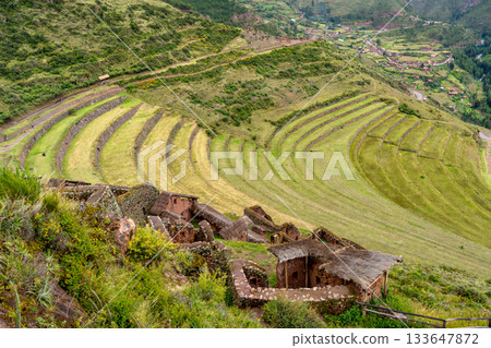 Ancient Inca terraces and ruins at Pisac in the Sacred Valley, Peru Ancient Inca terraces and ruins at Pisac in the Sacred Valley, Peru 133647872