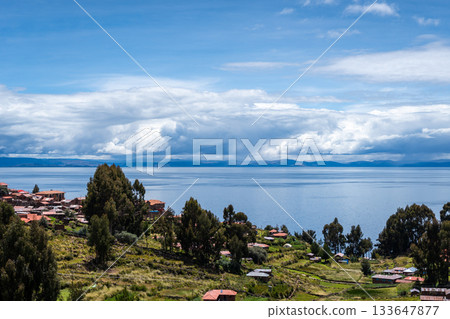 Houses and cultivated fields on Taquile Island, Lake Titicaca, Peru Houses and cultivated fields on Taquile Island, Lake Titicaca, Peru 133647877