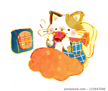 一幅溫馨的冬日插畫：一隻貓咪正在喝熱飲取暖 133647886