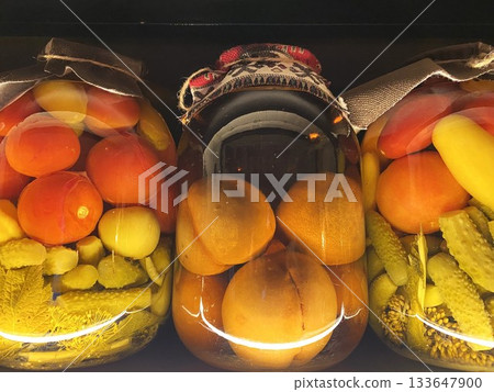 Assorted Pickled Vegetables and Fruits in Glass Jars Assorted Pickled Vegetables and Fruits in Glass Jars 133647900