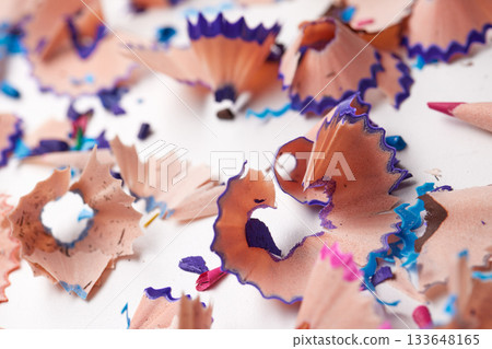 Pencil shavings scattered on white, symbolizing art, creativity, and education Pencil shavings scattered on white, symbolizing art, creativity, and education 133648165