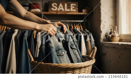 Hands Folding Vintage Denim into Wicker Basket in Thrift Store Hands Folding Vintage Denim into Wicker Basket in Thrift Store 133648181