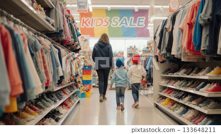 Family Shopping During Kids Sale in Bright Store with Colorful Banners Family Shopping During Kids Sale in Bright Store with Colorful Banners 133648211