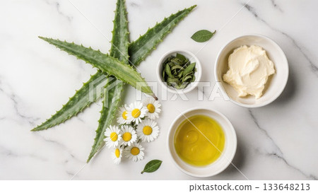 Natural Skincare Ingredients on White Marble Surface 133648213