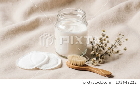 Sustainable Clean Beauty Flat Lay on Linen Sustainable Clean Beauty Flat Lay on Linen 133648222