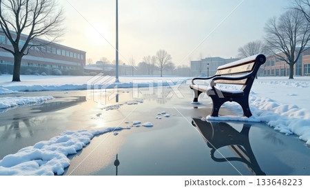 Icy Winter Schoolyard with Distorted Flag Reflection and Snowy Bench Icy Winter Schoolyard with Distorted Flag Reflection and Snowy Bench 133648223