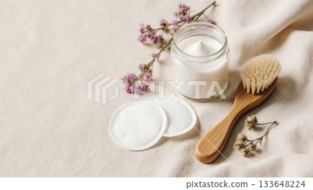 Sustainable Clean Beauty Flat Lay on Linen Sustainable Clean Beauty Flat Lay on Linen 133648224