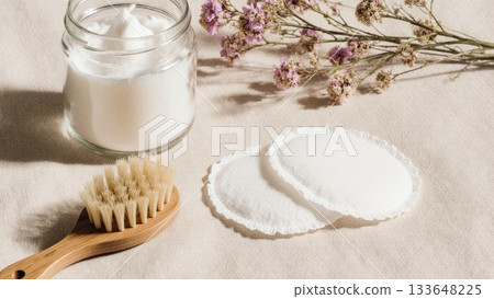 Sustainable Clean Beauty Flat Lay on Linen Sustainable Clean Beauty Flat Lay on Linen 133648225