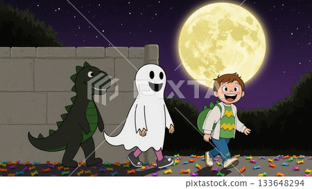 Children in Cute Costumes Casting Playful Cartoon Shadows on Halloween Children in Cute Costumes Casting Playful Cartoon Shadows on Halloween 133648294