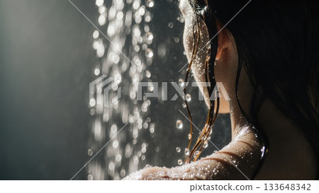 Water Droplets on Wet Hair in Shower Backlight Water Droplets on Wet Hair in Shower Backlight 133648342