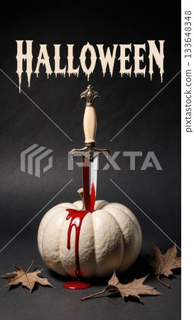 Elegant Dark Still Life with White Pumpkin and Antique Bloody Dagger 133648348