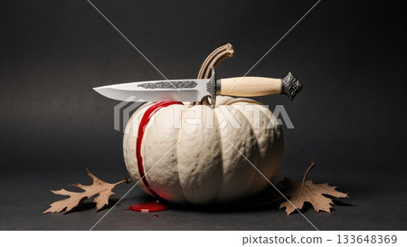 Elegant Dark Still Life with White Pumpkin and Antique Bloody Dagger Elegant Dark Still Life with White Pumpkin and Antique Bloody Dagger 133648369