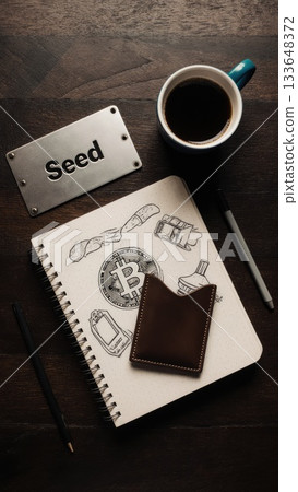 Crypto Security Flat Lay with Hardware Wallet and Seed Plate Crypto Security Flat Lay with Hardware Wallet and Seed Plate 133648372