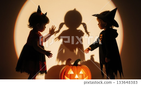 Children in Cute Costumes Casting Playful Cartoon Shadows on Halloween 133648383