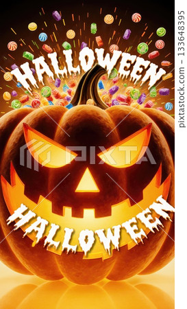 Candy Explosion Bursting from Jack-O-Lantern for Halloween Party Banner 133648395