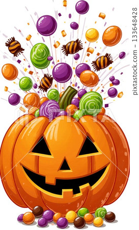 Candy Explosion Bursting from Jack-O-Lantern for Halloween Party Banner Candy Explosion Bursting from Jack-O-Lantern for Halloween Party Banner 133648428