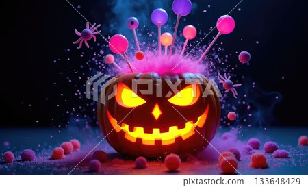 Neon Candy Explosion from Pumpkin on Black for Night Halloween Events Neon Candy Explosion from Pumpkin on Black for Night Halloween Events 133648429