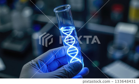 Lab Hands with Glowing DNA in Test Tube 133648431