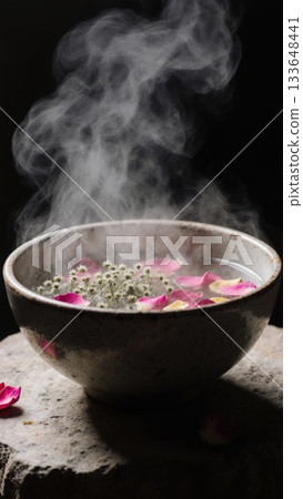Steam Rising from Herbal Facial Steam Bowl 133648441