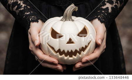 Elegant Hands in Black Lace Holding White Victorian Jack-o-Lantern Elegant Hands in Black Lace Holding White Victorian Jack-o-Lantern 133648446