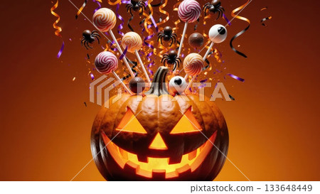 Candy Explosion Bursting from Jack-O-Lantern for Halloween Party Banner Candy Explosion Bursting from Jack-O-Lantern for Halloween Party Banner 133648449