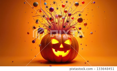 Candy Explosion Bursting from Jack-O-Lantern for Halloween Party Banner 133648451