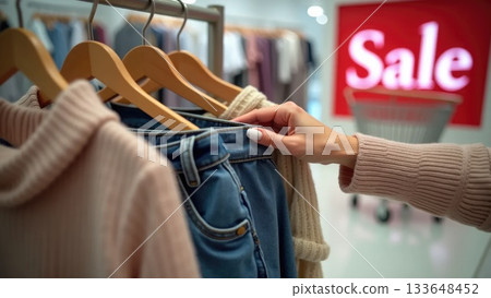 Man's Hands Choosing Discount Hoodie and Jeans at Street Market Sale 133648452