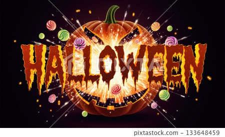 Candy Explosion Bursting from Jack-O-Lantern for Halloween Party Banner 133648459