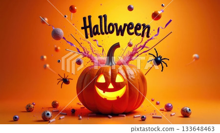 Candy Explosion Bursting from Jack-O-Lantern for Halloween Party Banner 133648463
