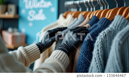 Gloved Hands Browsing Winter Sweaters Under WINTER SALE Banner Gloved Hands Browsing Winter Sweaters Under WINTER SALE Banner 133648467