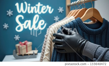 Gloved Hands Browsing Winter Sweaters Under WINTER SALE Banner Gloved Hands Browsing Winter Sweaters Under WINTER SALE Banner 133648472
