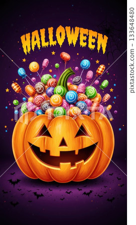 Candy Explosion Bursting from Jack-O-Lantern for Halloween Party Banner Candy Explosion Bursting from Jack-O-Lantern for Halloween Party Banner 133648480