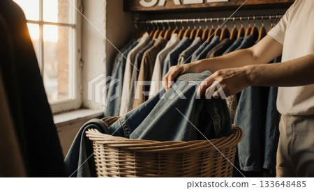 Hands Folding Vintage Denim into Wicker Basket in Thrift Store Hands Folding Vintage Denim into Wicker Basket in Thrift Store 133648485