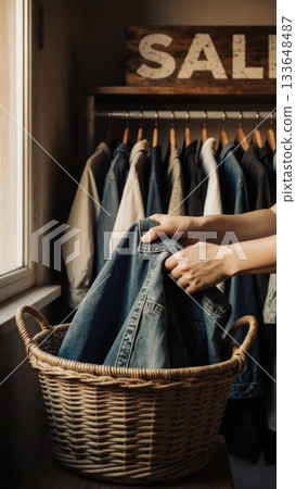 Hands Folding Vintage Denim into Wicker Basket in Thrift Store Hands Folding Vintage Denim into Wicker Basket in Thrift Store 133648487