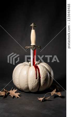 Elegant Dark Still Life with White Pumpkin and Antique Bloody Dagger 133648488