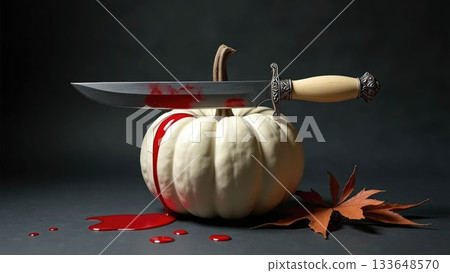 Elegant Dark Still Life with White Pumpkin and Antique Bloody Dagger 133648570