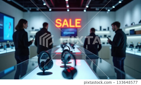 Tech Store Early Black Friday Sale with Digital Banners and Calm Shoppers 133648577